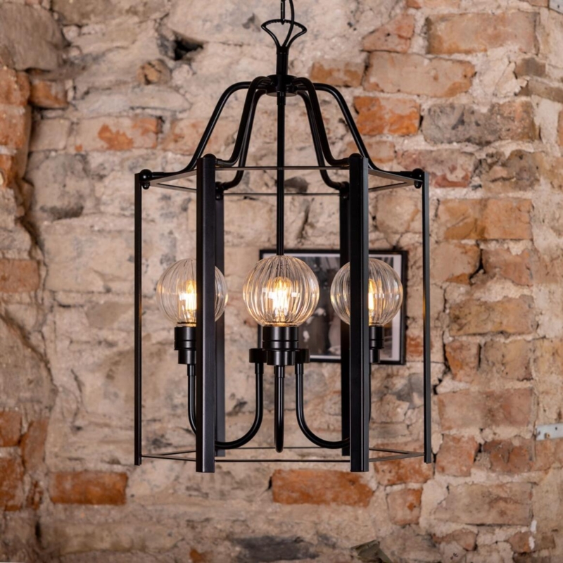 Geometric Pendant with Ribbed Glass, Industrial Porch Light.