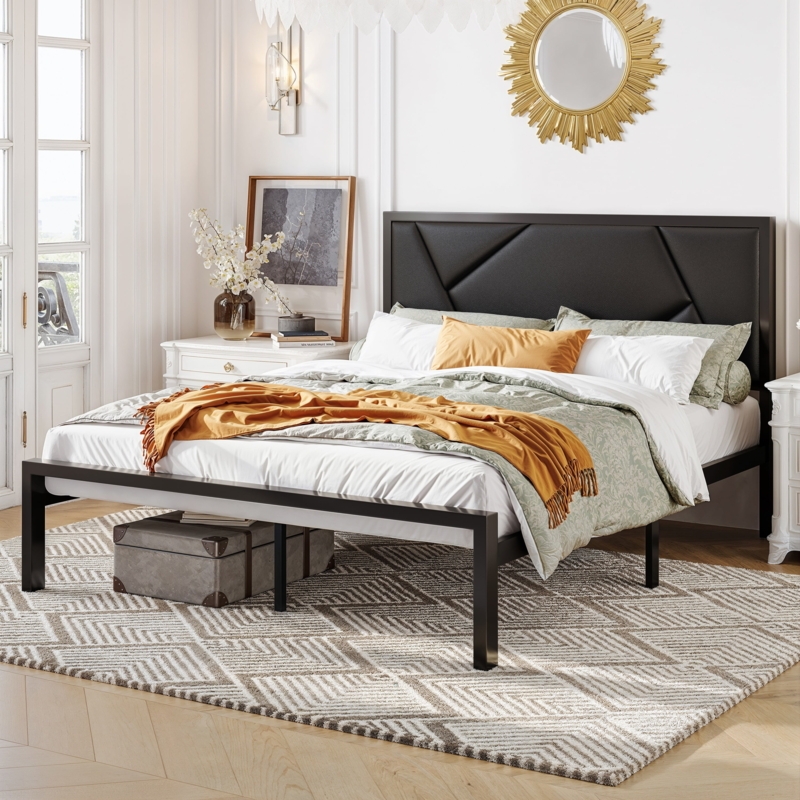 Geometric Platform Bed Matte Black Quilted Headboard Frame