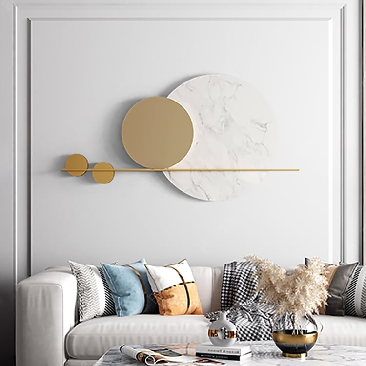 Geometric Wall Art with Horizontal Rod and Marble White Discs