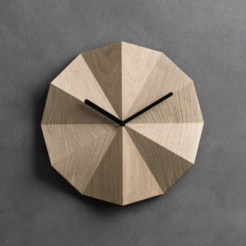 Geometric Wall Clock Oak Faceted 3D Surface Scandinavian