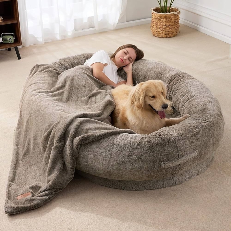 Giant Floor Bed Plush Taupe Bolster Edge Matching Blanket