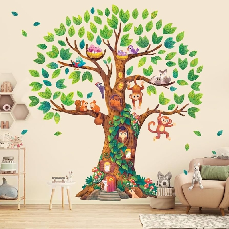 Giant Tree Wall Decal Woodland Theme With Animal Illustrations
