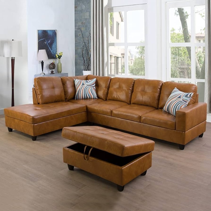 Ginger Leather Sectional Sofa L-Shaped with Storage Ottoman Tufted