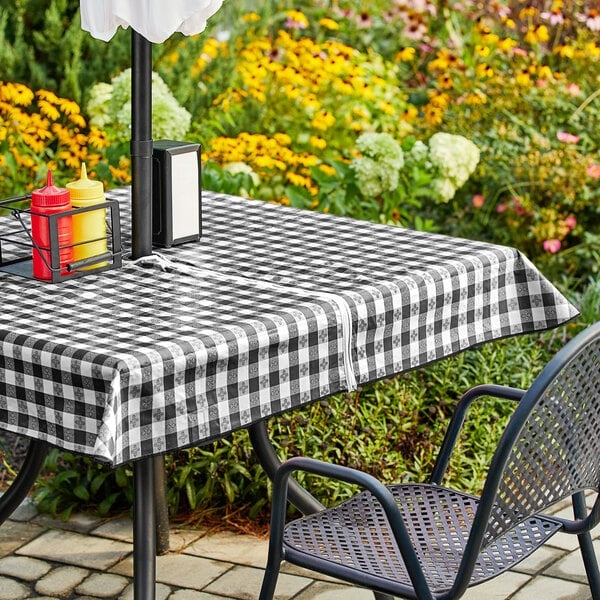 Gingham Vinyl Table Cover Flannel Lining Zippered Umbrella Hole Black