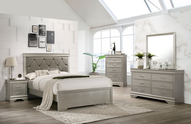 Glam Bedroom Set Embossed Crocodile Texture & Tufting