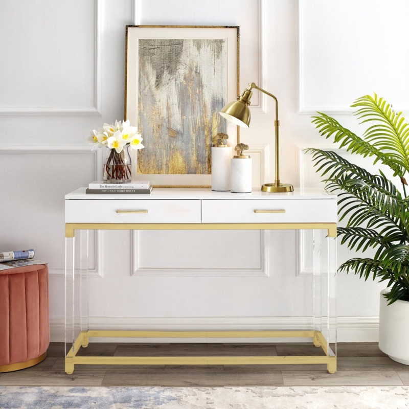 Glam Console Table with Clear Acrylic Legs and Gold Frame Accents