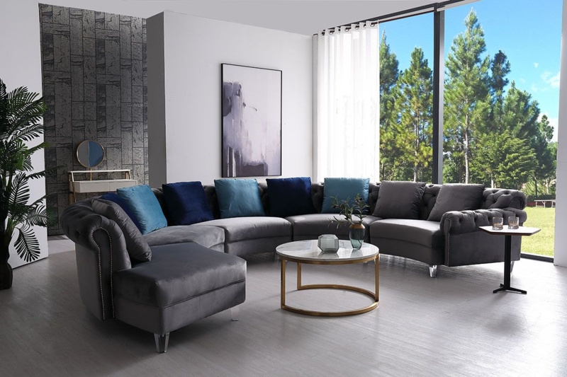 Glam Curved Sectional: Charcoal Velvet with Clear Legs