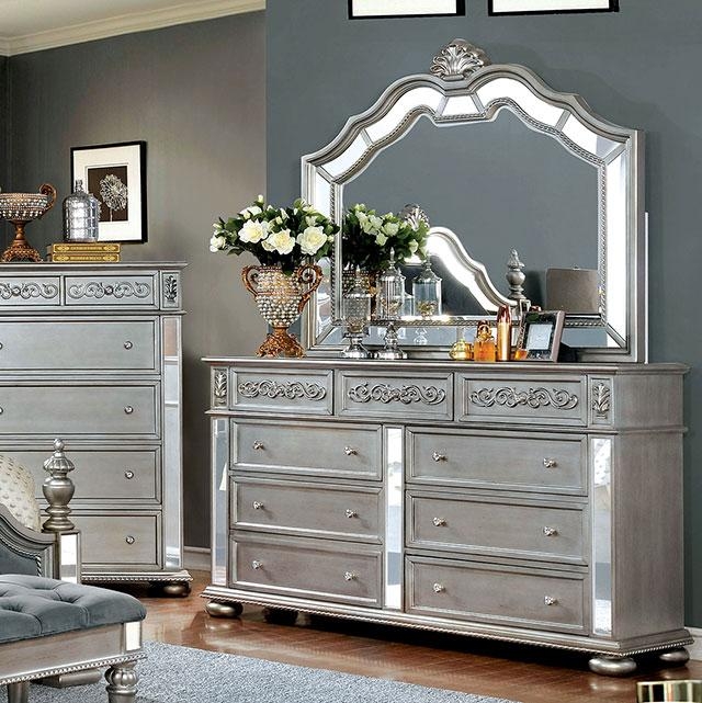 Glam Double Dresser Vertical Mirror Insets & Ornate Relief