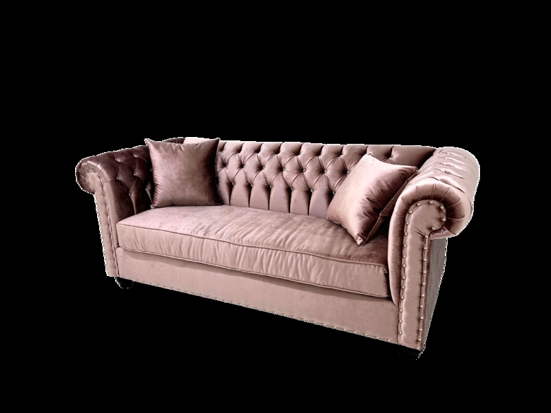 Glam Dusty Pink Sofa with Deep Button Tufting and Nailhead Trim