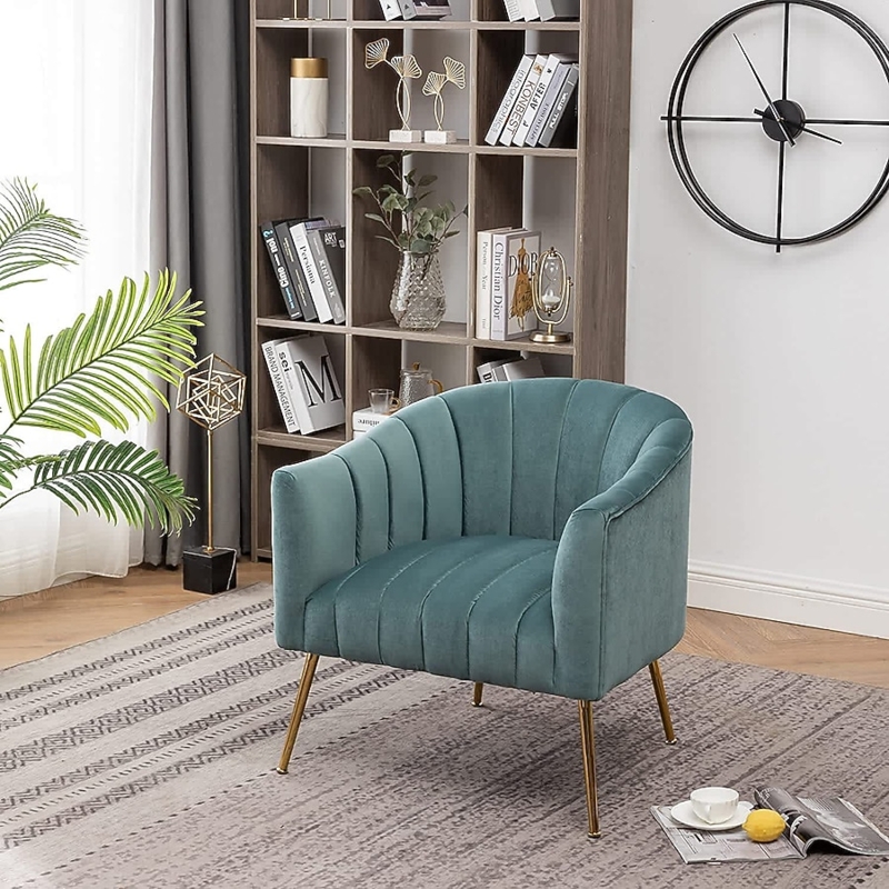 Glam Reading Chair: Teal Velvet Channel Tufting with Gold Tapered Legs