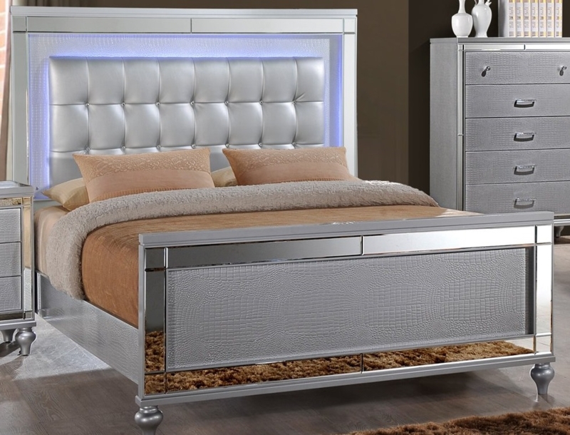 Glam Silver Bed: LED Backlighting, Mirrored Inlays & Crocodile Texture