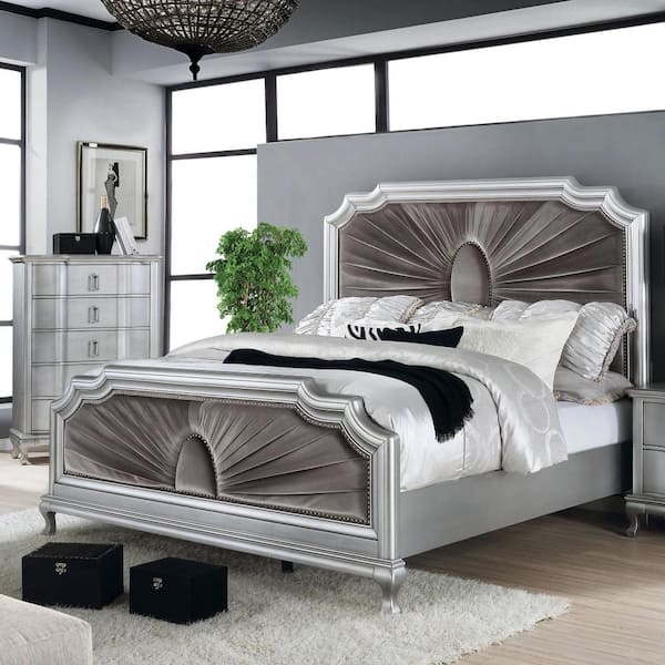Glam Silver Bedroom Set: Sunburst Headboard & Radial Pleating