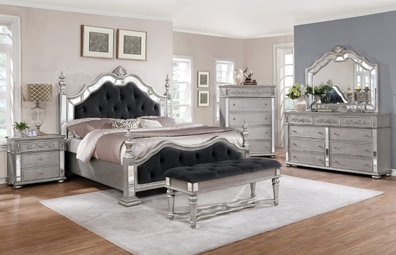 Glam Silver Bedroom Set with Black Velvet Tufting & Mirrors