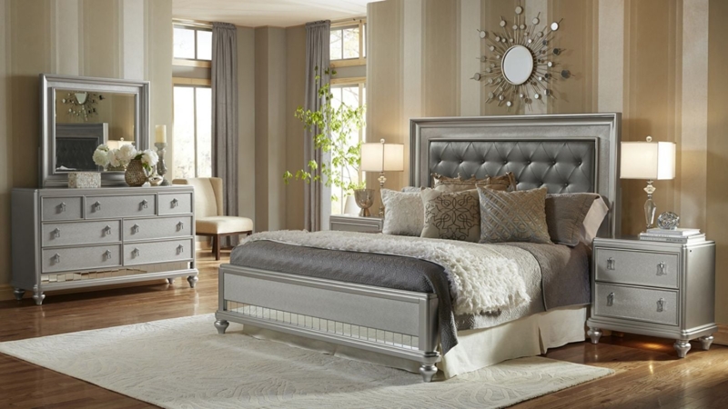 Glam Silver Bedroom Set with Sunburst Mirror & Tufted Panel