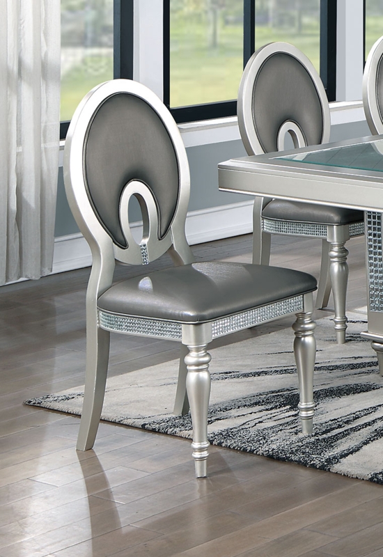 Glam Silver Dining Chair Rhinestone Trim & Oval Cutout Back