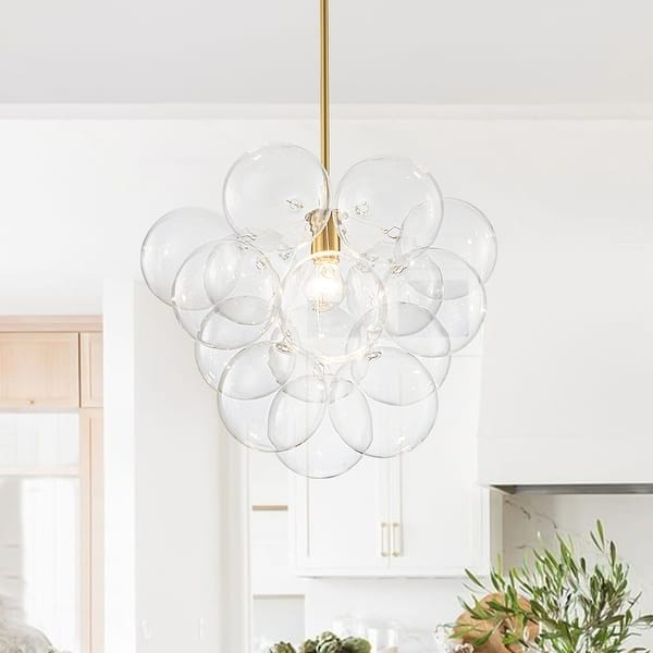 Glass Bubble Chandelier: Clustered Spheres, Gold Toned Downrod.