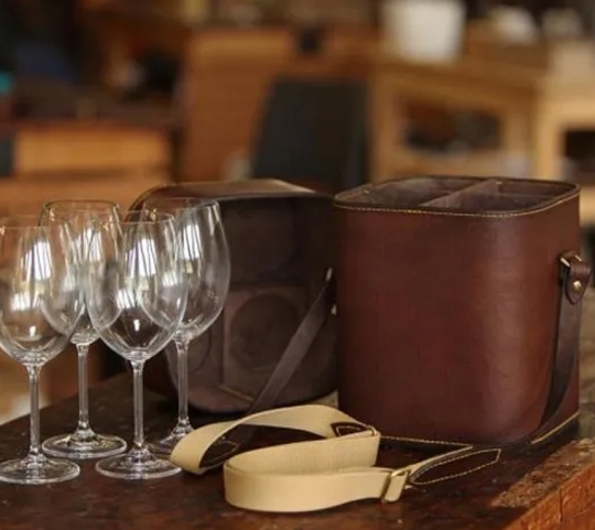 Glass Carrier: Chocolate Leather-Like Exterior, Cylindrical Form.