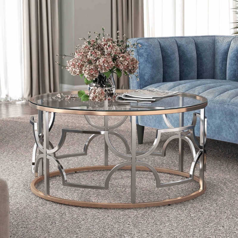 Glass Coffee Table Dual Tone Metal Geometric Fretwork