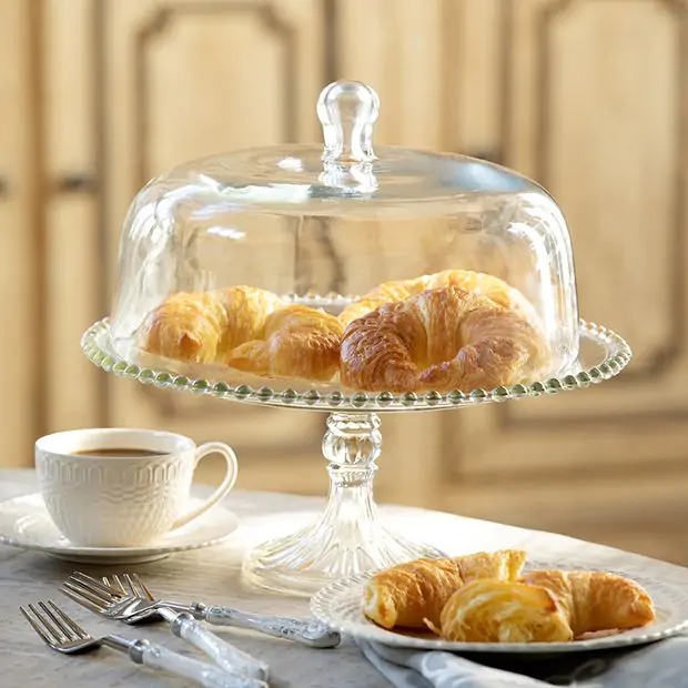 Glass Domed Pedestal Cake Stand Beaded Rim Vintage Pastry Dome