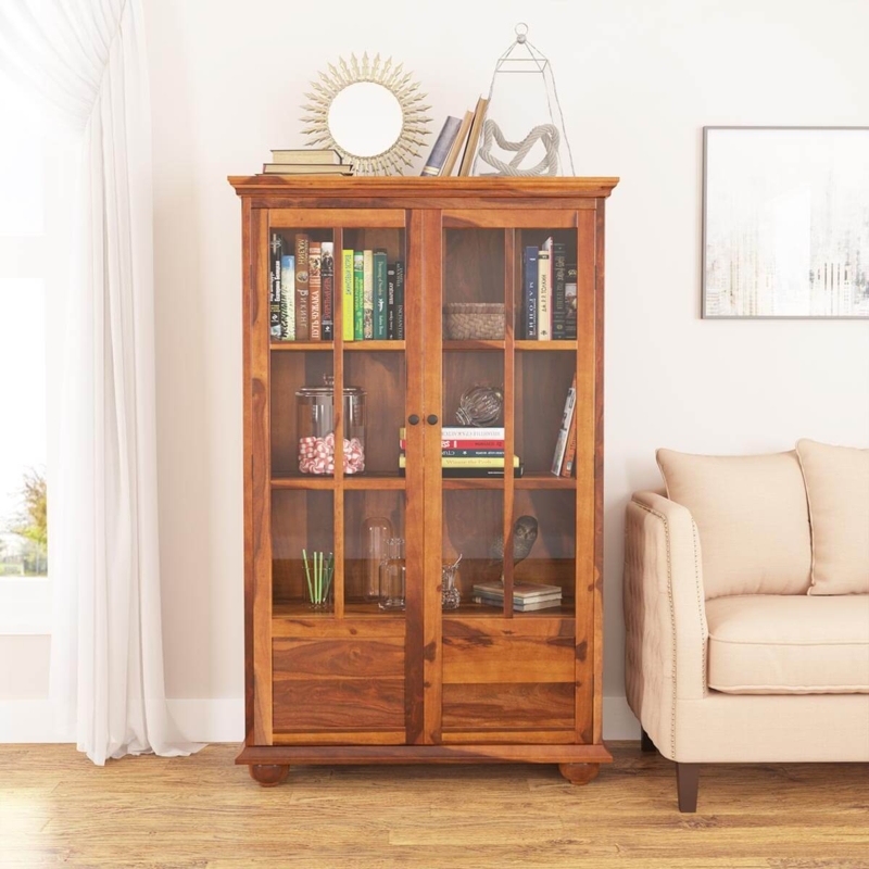 Glass Door Bookcase with Vertical Muntins and Base Drawers Honey Brown