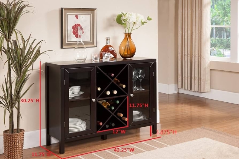Glass Door Buffet Sideboard in Espresso with Integrated Wine Rack