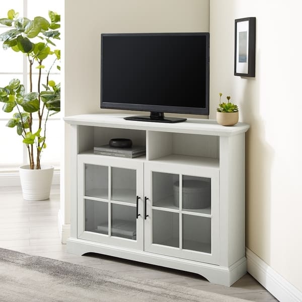 Glass Door Corner TV Stand: Transitional White Console with Mullions