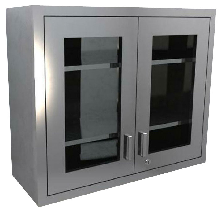Glass Inset Panel Wall Cabinet in Brushed Metal with Key Lock