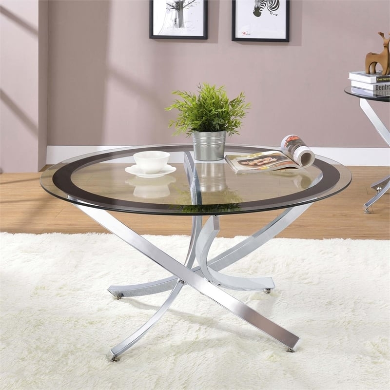 Glass Round Coffee Table Tinted Perimeter Curved Chrome X-Base