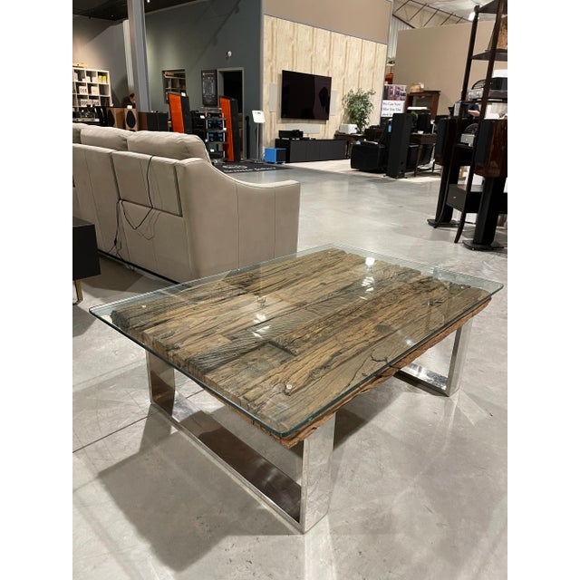 Glass Top Coffee Table over Reclaimed Wood and Chrome Sled Base