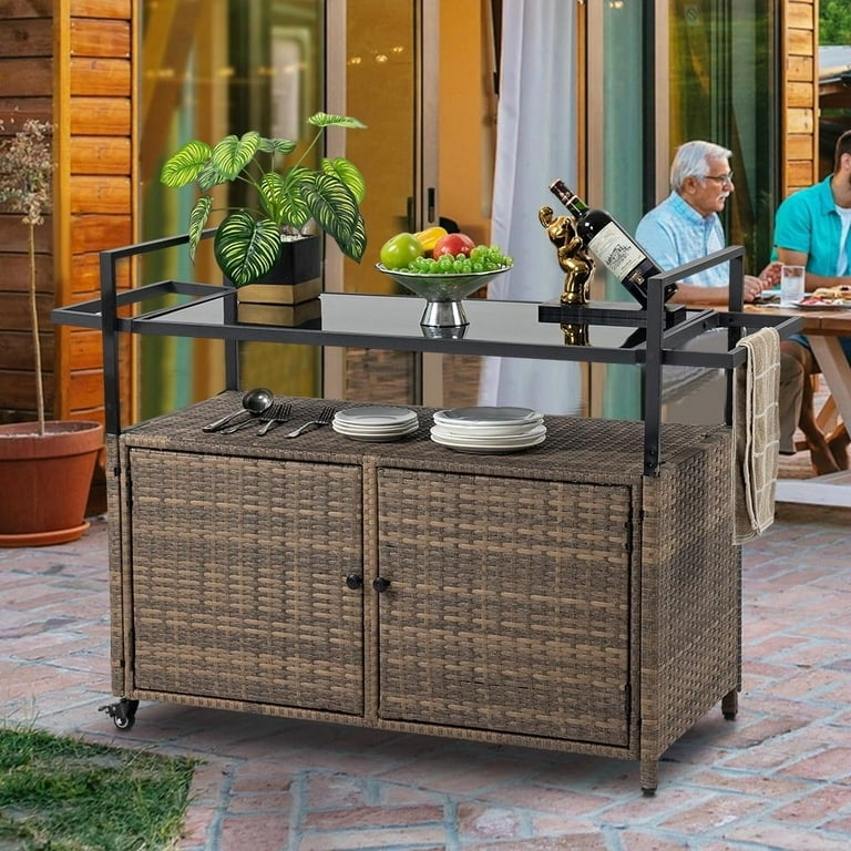 Glass Top Garden Bar Cart with Wicker Cabinet