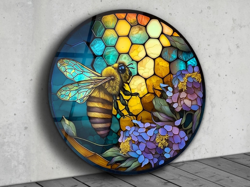 Glass Wall Art Bee and Honeycomb Stained Glass Floral Round