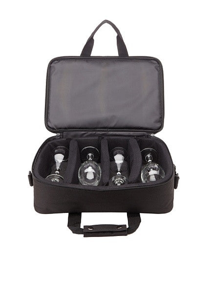 Glassware Carrying Case: Matte Black Synthetic Fabric & Padded Dividers.