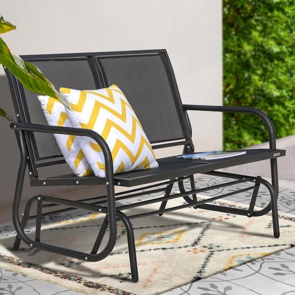 Glider Bench Matte Black Mesh Seat Yellow Chevron Pillows