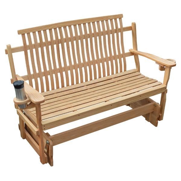 Glider Bench Outdoor Wooden Slat Back Contoured Slats Cup Holders Natural