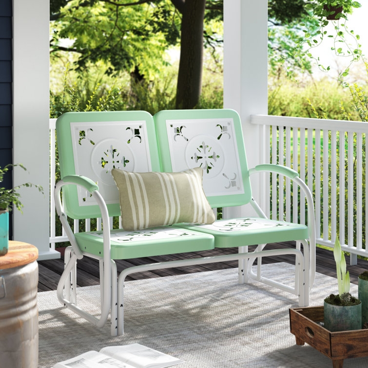 Glider Bench Retro Mint Green Metal Decorative Cutouts Padded Arms