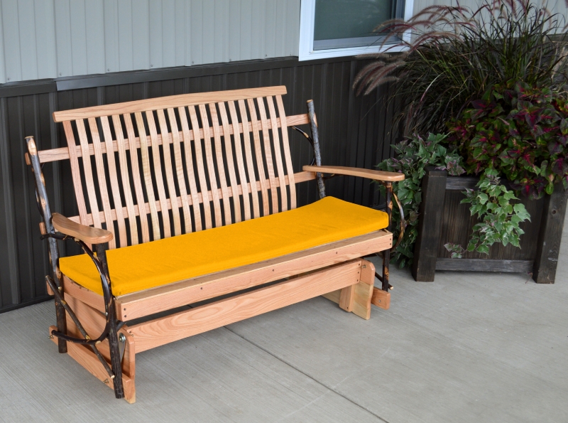 Glider Bench Rustic Oak Slat Back Branch Accents Mustard Yellow Cushion