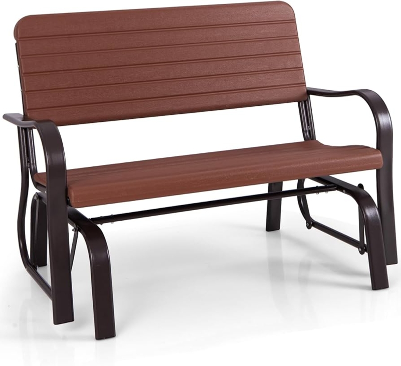 Glider Bench Walnut Brown Wood Toned HDPE Slats Dark Bronze Frame