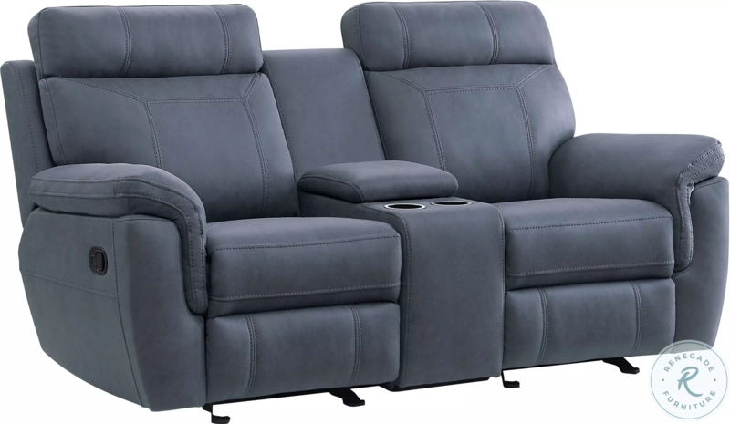 Glider Reclining Loveseat: Slate Blue Textured Fabric, Top-Stitching
