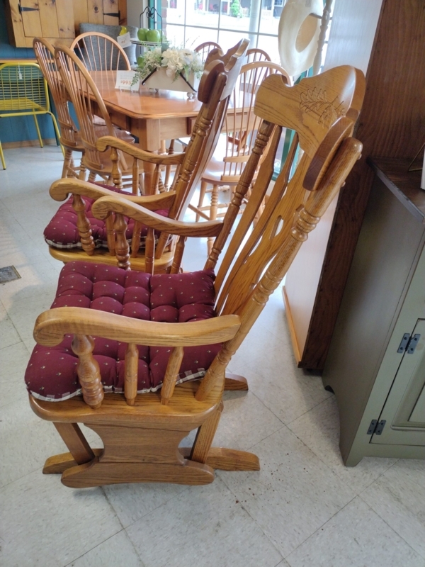 Glider Rocker Burgundy Tufted Spindle Back Carved Oak Leaf Detail