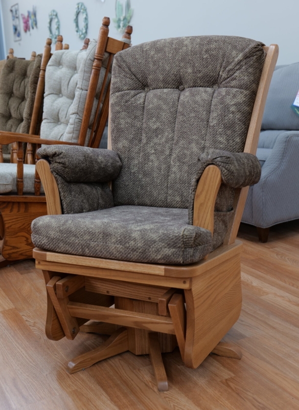Glider Rocker Swivel High Back Mottled Fabric Honey Oak Base Tufted