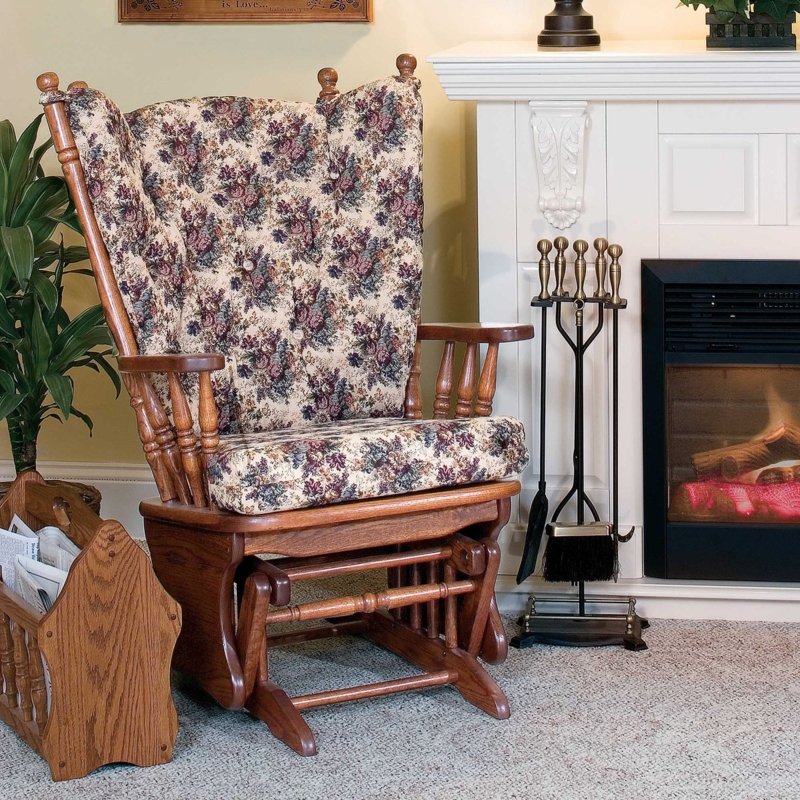 Glider Rocker Traditional Oak Floral Wingback Spindled Arms Satin Finish