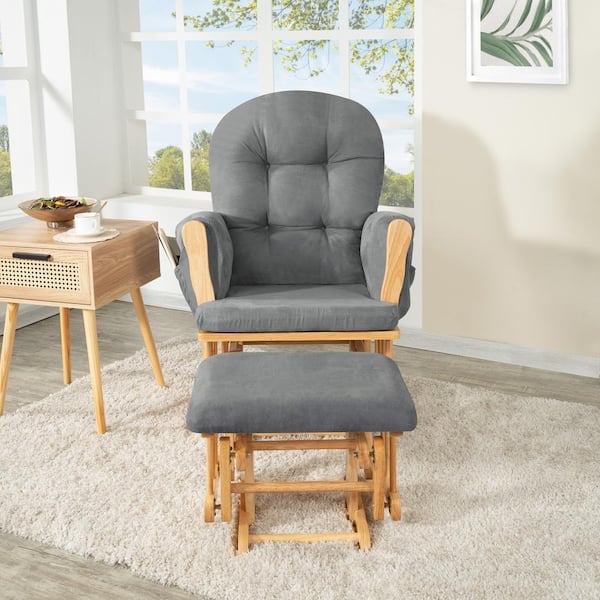 Glider Rocker Transitional Charcoal Tufted Pecan Wood Finish Side Pocket