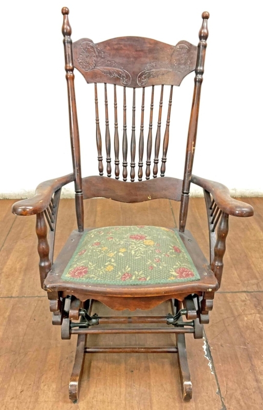 Glider Rocker Vintage Dark Wood Ornate Carved Backrest Floral Seat