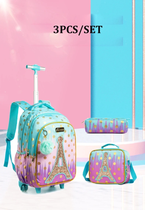 Glitter Eiffel Tower Rolling Backpack Set with Gradient Polka Dots