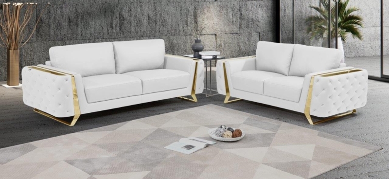 Global United 1050WH-2PC 2 pc white Italian leather sofa and love seat set  Latitude run aramis modern style gold accents tufted design