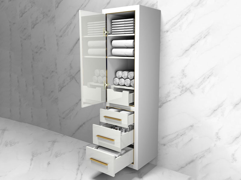 Gloss White Linen Cabinet with Polished Gold Accents for Luxury Storage.