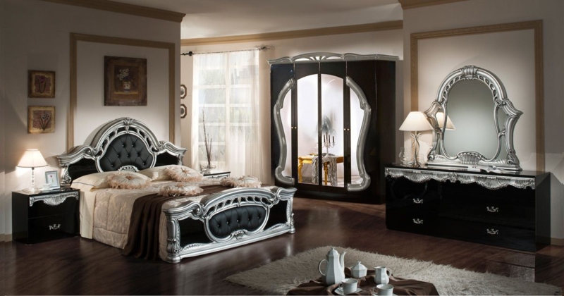 Glossy Black & Silver Bedroom Set with Ornate Scrollwork