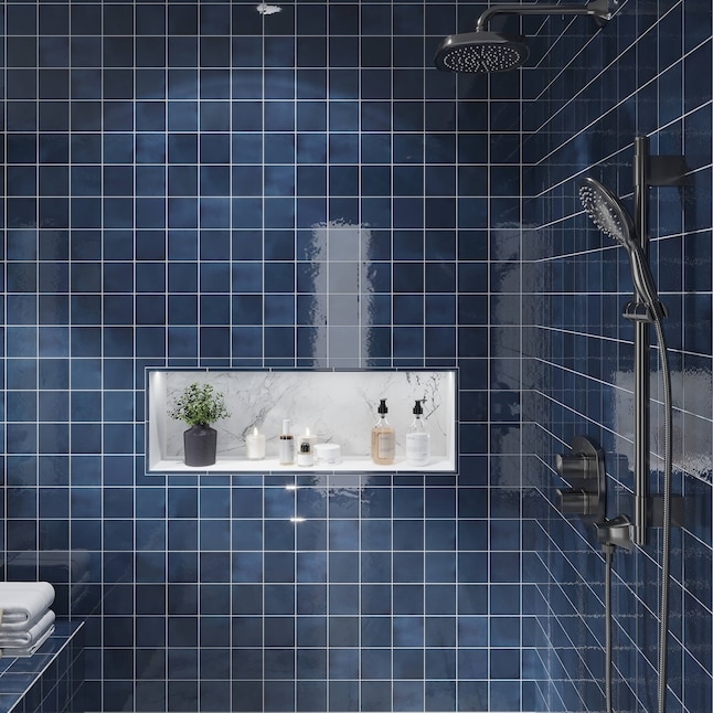 Glossy Navy Blue Ceramic Wall Tile featuring Marble Lined Niche