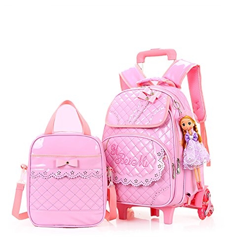 Glossy Quilted Pink Rolling Backpack with Scalloped Lace and Doll