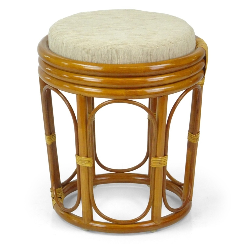 Glossy Rattan Ottoman with Triple Banded Rim and Arched Legs